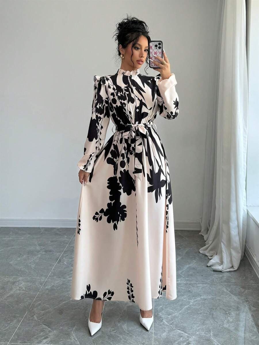 Women's New Hot Sale Fashion Slim Long Skirt Printed Waist Long Sleeve Dress