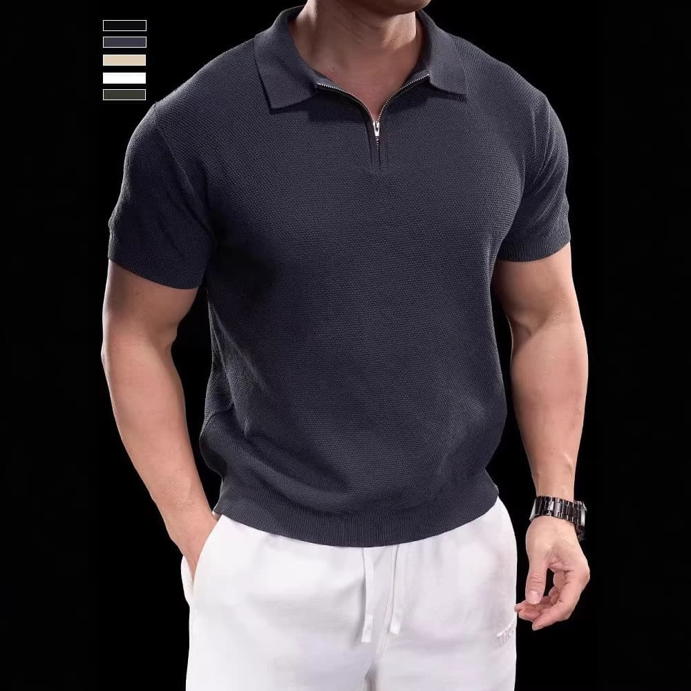 Men's Slim Fit Knit Polo Shirt – Korean Style Short Sleeve Breathable Cotton Blend Casual Top (M-3XL)​