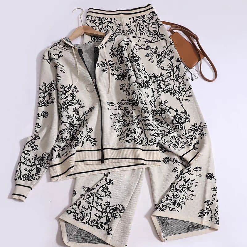Women's fashion knitted suit for women hooded sweater wide-leg pants two-piece set trendy