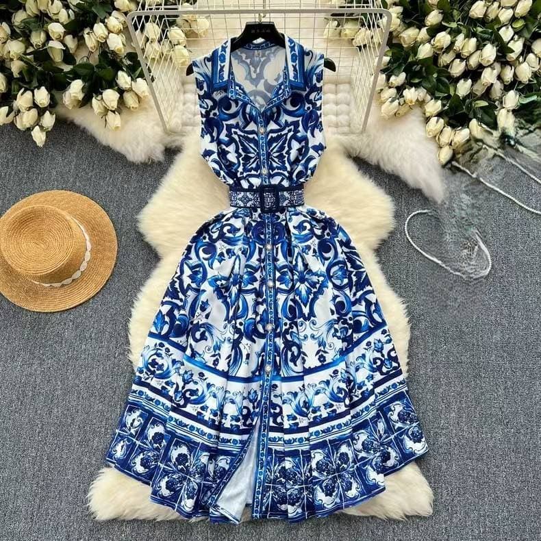 Women's Clothing Retro Palace Style Printed Dress For Women Summer Sleeveless Waist Slim Design Niche Light Luxury Temperament Long Dress