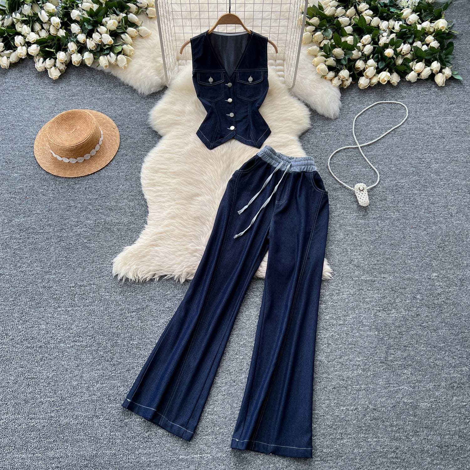 Women's Clothing V Neck Sleeveless Single Breasted Top Two Piece Suit Casual Wide Leg Trousers