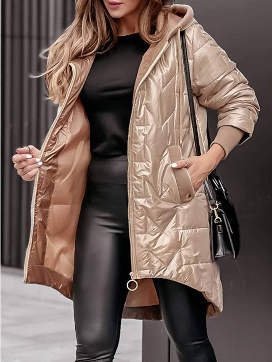 Veste en coton à capuche ample à manches longues et fermeture éclair de couleur unie pour femme