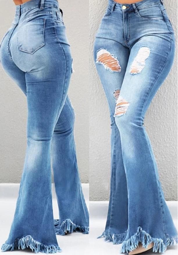 Women's Clothing Cool And Fashionable New Style Distressed Holes Worn White High Waist Jeans Slim Tassel Raw Edge Flared Denim Women's Trousers