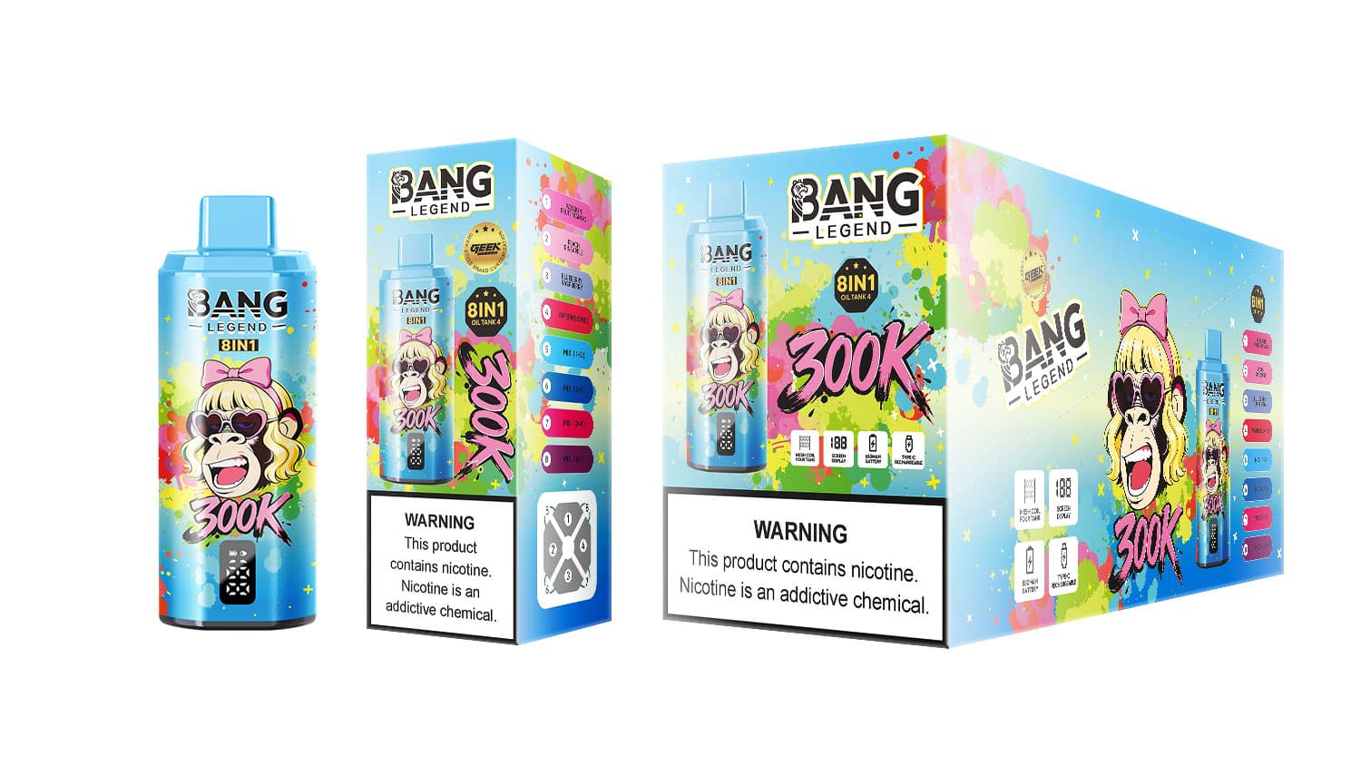 Bang Legend 300K 8 en 1 Vape jetable à huile de chicha, réservoir, 4 grands écrans numériques de comptage des bouffées, charge rapide USB-C, bat