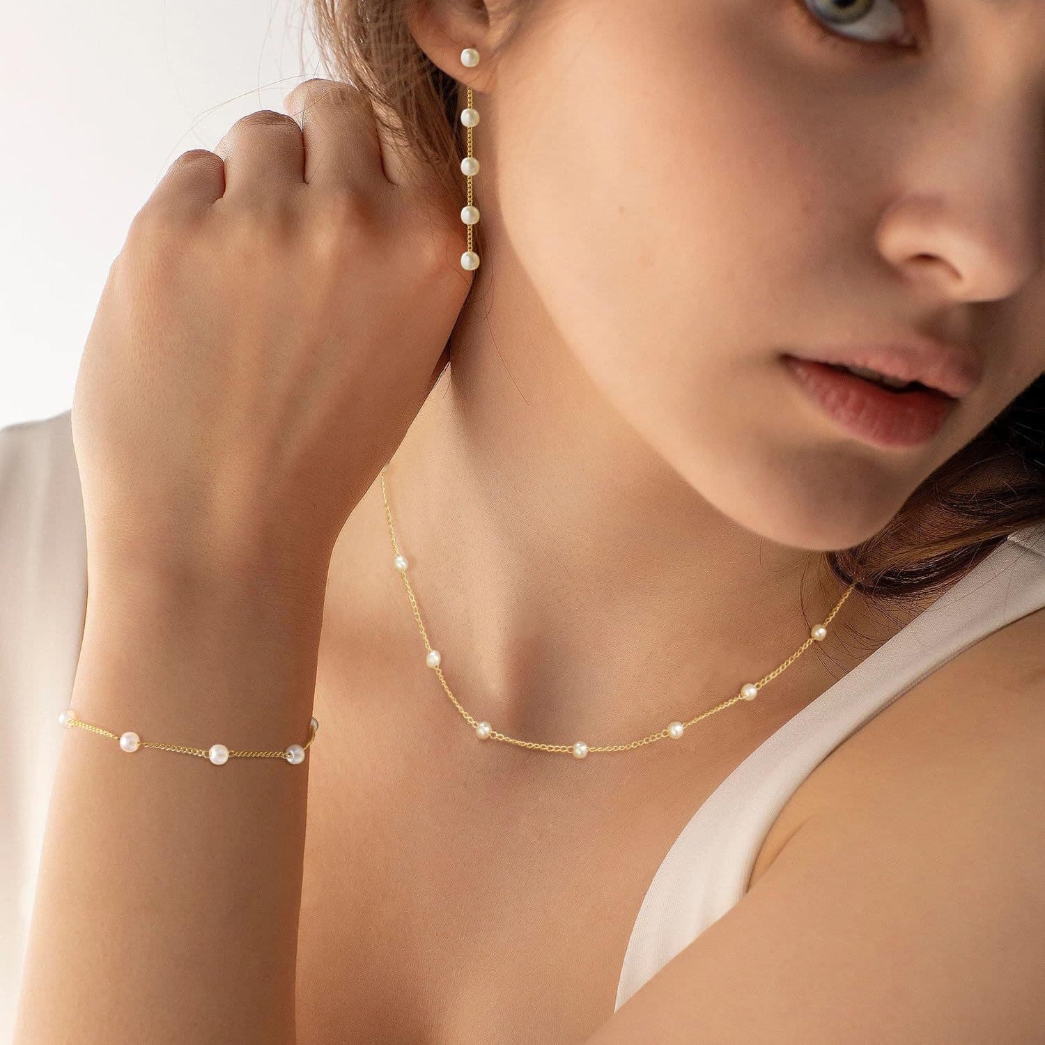 Brass Real Gold Electroplating Fashion Retro Pearl High End Chain Ladies Necklace Set