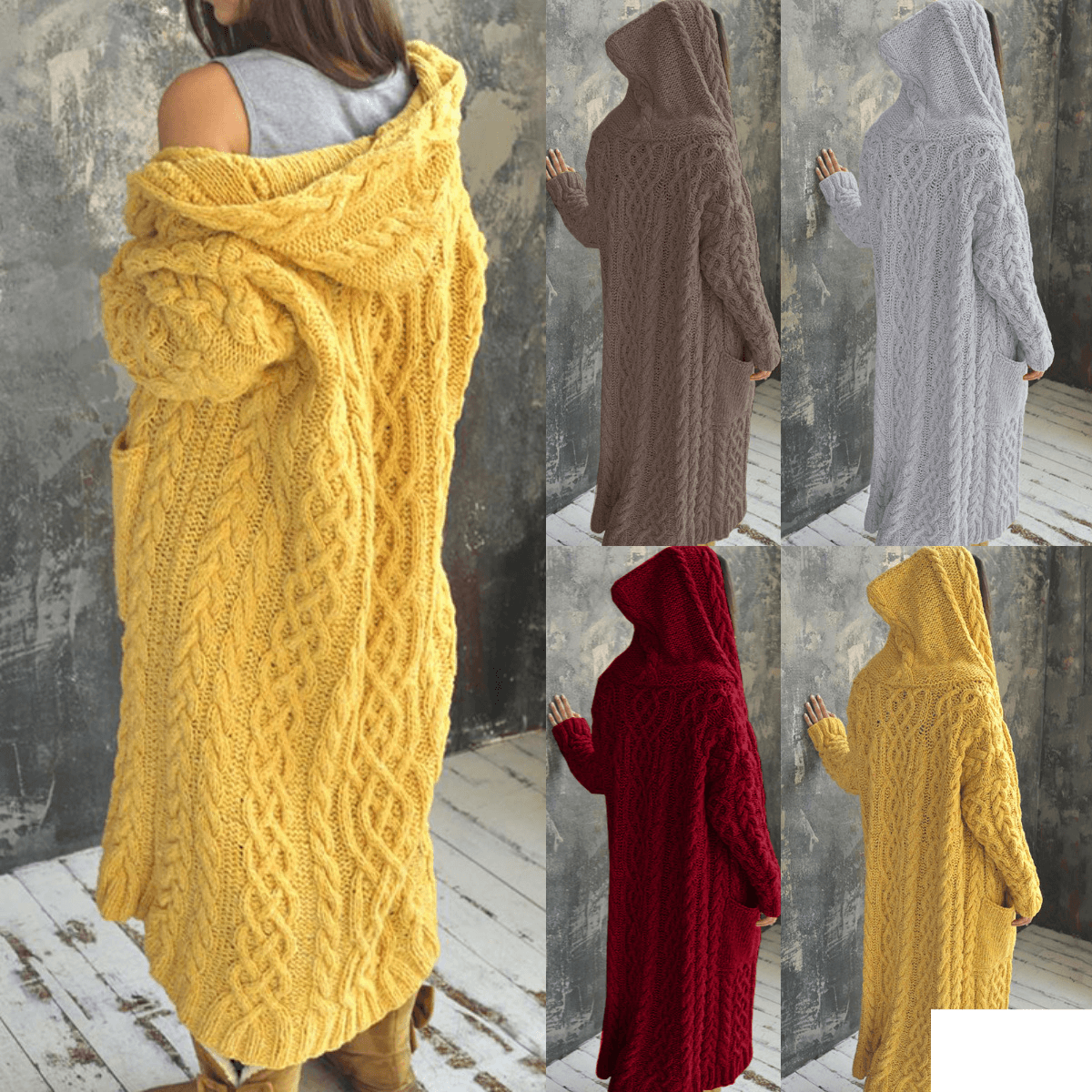 Women's Clothing Women's Cardigan Braided Knitted Hooded Long Cardigan Sweater