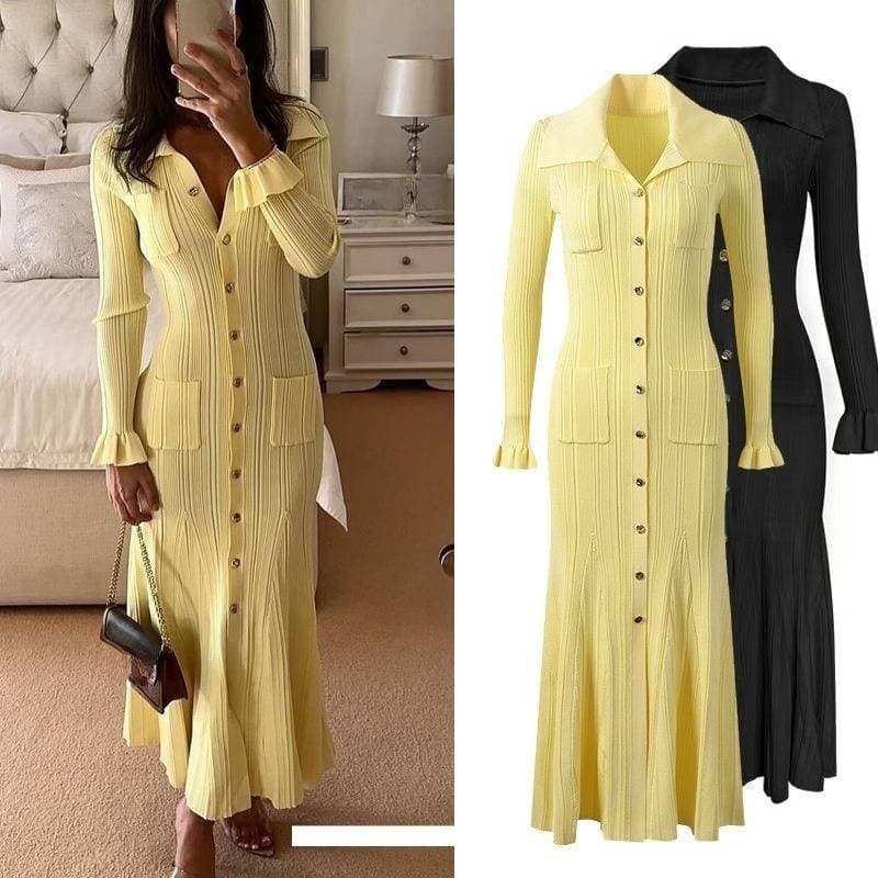 Women's Clothing Lady Temperament Knitted Dress Autumn And Winter New Style High End Long Sleeved Waist Elegant Dress