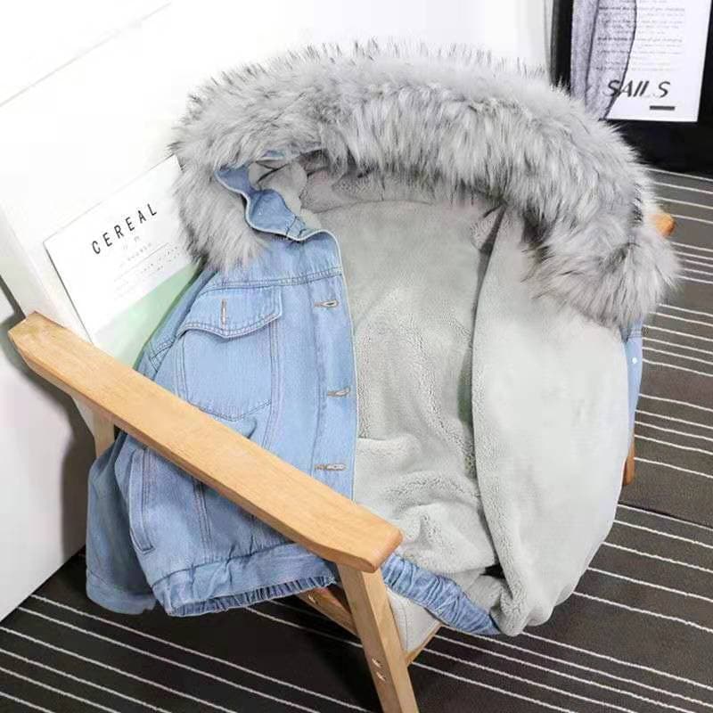 Women's Clothing autumn and winter new denim jacket Korean style loose female students plus velvet thickened large fur collar hooded jacket for women