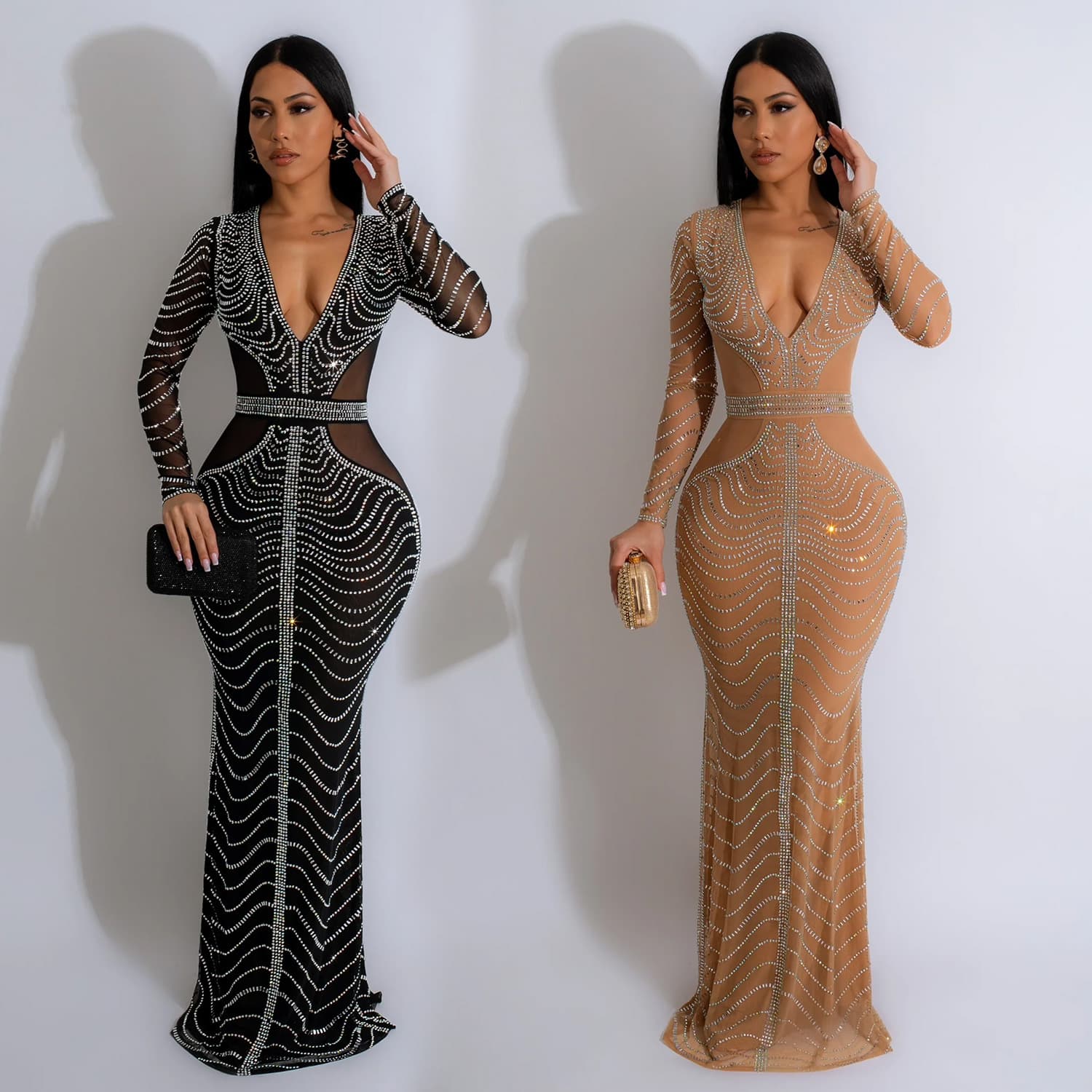 Women's solid color mesh rhinestone long skirt dress