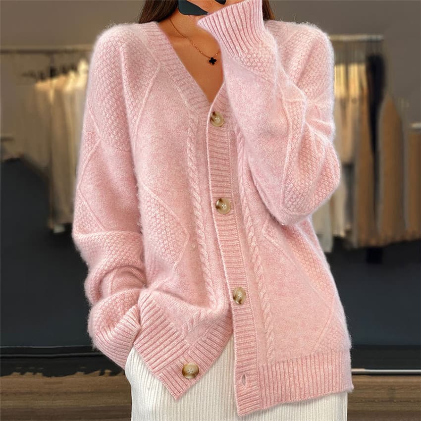 Women's Clothing Solid Color Long-sleeved V-neck Knitted Cardigan Breasted Jacquard Sweater Jacket For Women