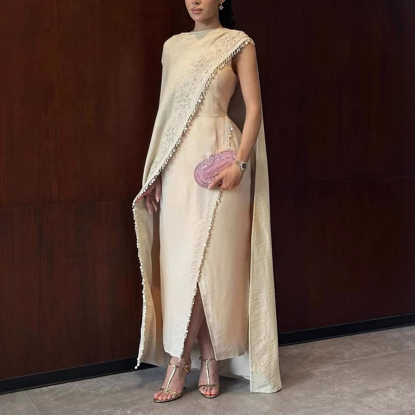 Women's Clothing Elegant Two-Piece Formal Robe Set With Metallic Embroidery - Floor-Length Sleeveless Dress For Women's Coming Of Age Ceremony