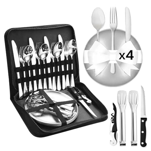 Camping Silverware Silver Picnic Plates And Utensils Set For 4 Portable Tableware Stainless Steel Flatware 20 Pieces With Organizer Bag Reusable