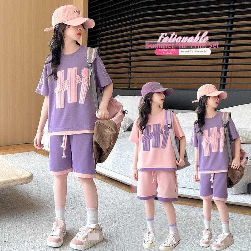 Girls' Summer Street Style Outfit Two Piece Set Casual Sports Short Sleeve Top With Shorts Middle And Large Children's Clothing