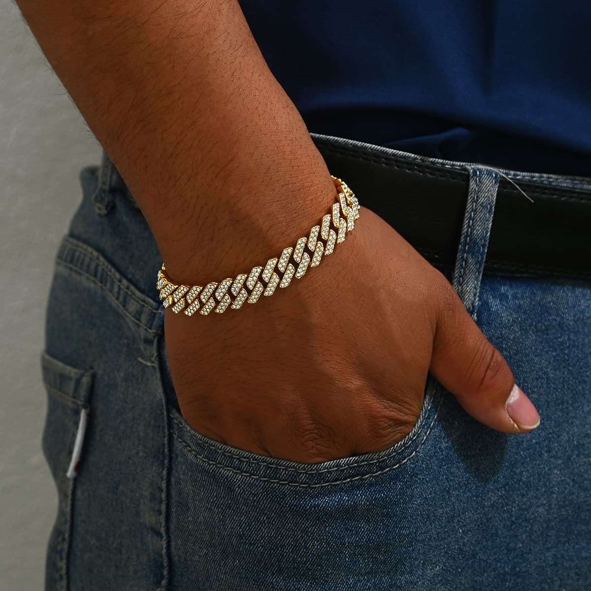 Men's Jewelry Geometric Diamond Accent Bracelet - Hip Hop Luxury Alloy Chain Jewelry For Professional Style