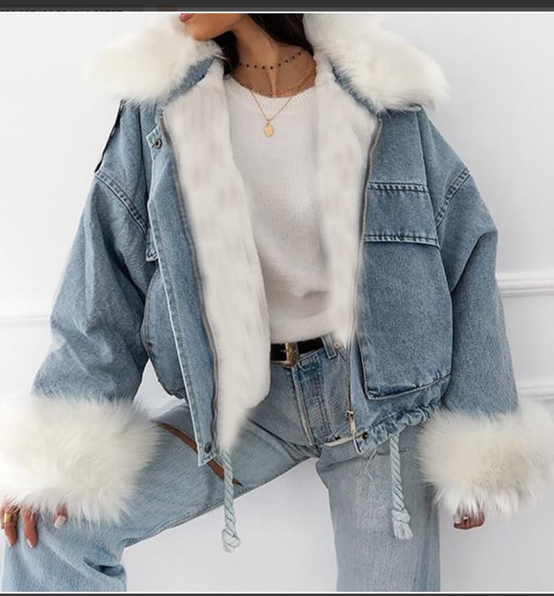 Popular Washed White Denim Short Fur One-piece Jacket