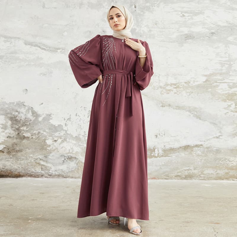 Muslim Dress Women Elegant Middle Eastern Beaded Maxi Dress With Rhinestones – Dubai Turkish Style Long Sleeve Round Neck Gown For Women