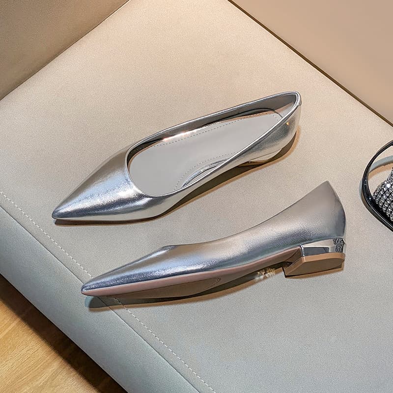 Women's flat silver pointy chunky heels