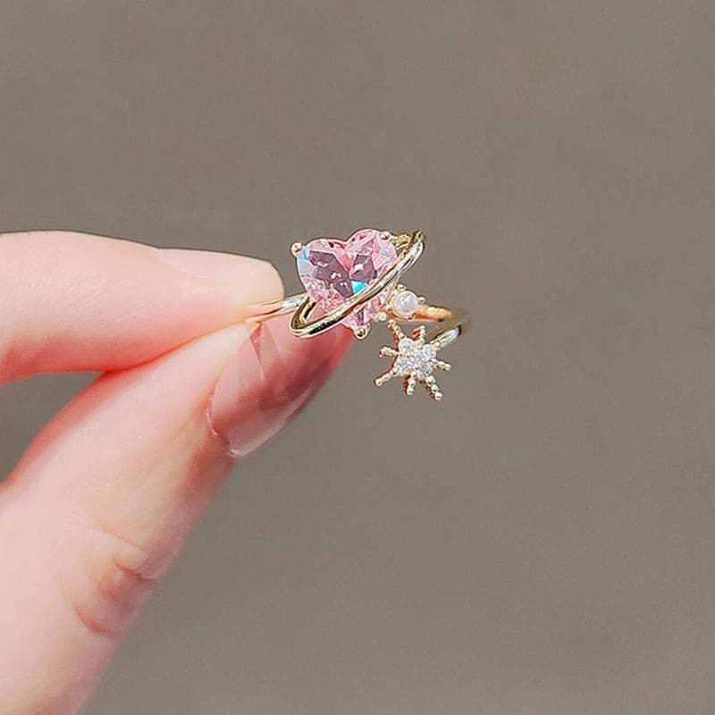Pink Heart Zircon Rings Adjustable Opening Ring Women Crystal Star Rings Fashion Jewelry