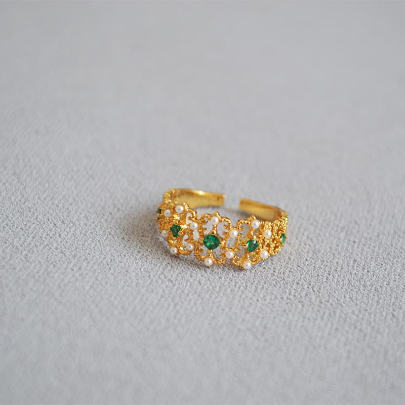 Vintage Western Antique Court Style Carved Lace Emerald Inlaid Pearl Ring For Women