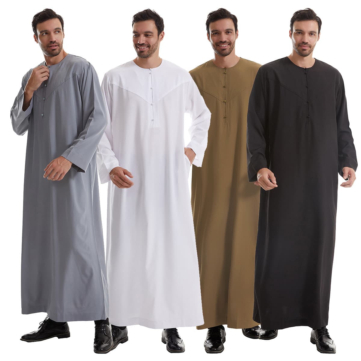 Men's Long Robe Solid Color Contrast Button-Up Tunic Oversize Round Neck Ethnic Wear​​