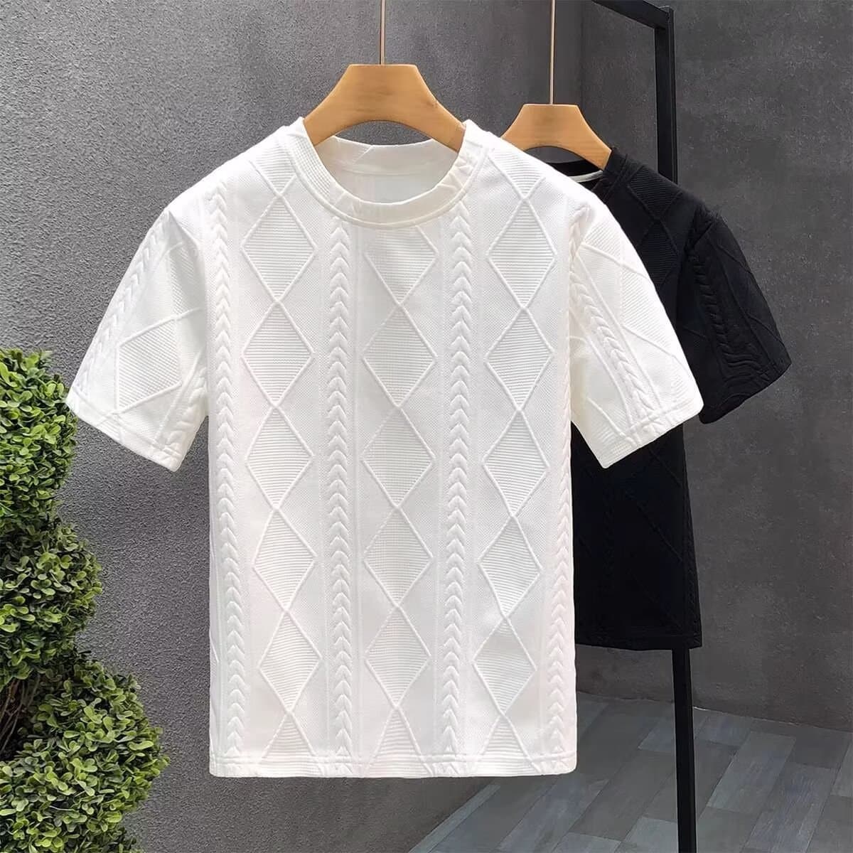 Men's Diamond Jacquard Slim Fit T-Shirt round Neck Short Sleeve Heavyweight Trendy Cotton Summer Top in White Black