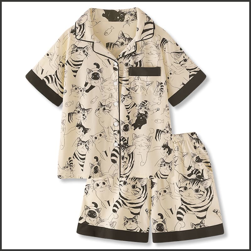 Cartoon little black cat cute short-sleeved shorts silk casual silky home suit