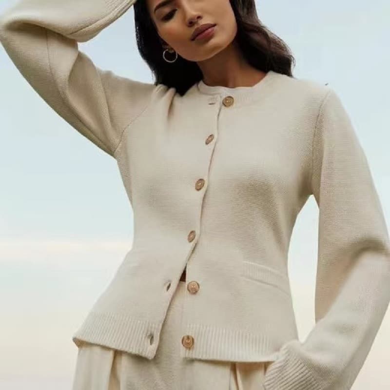 European And American Foreign Trade Cross-border Horn Sleeve Waist Round Neck Solid Color Coat Top Temperament Independent Station Knitted Cardigan Wo