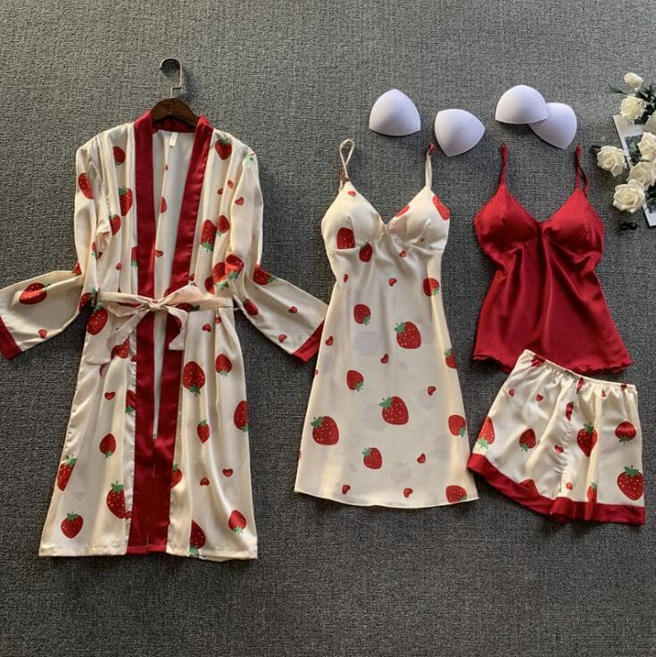 Women's Clothing large size home clothes printing four piece set fashionable and comfortable lace pajamas set