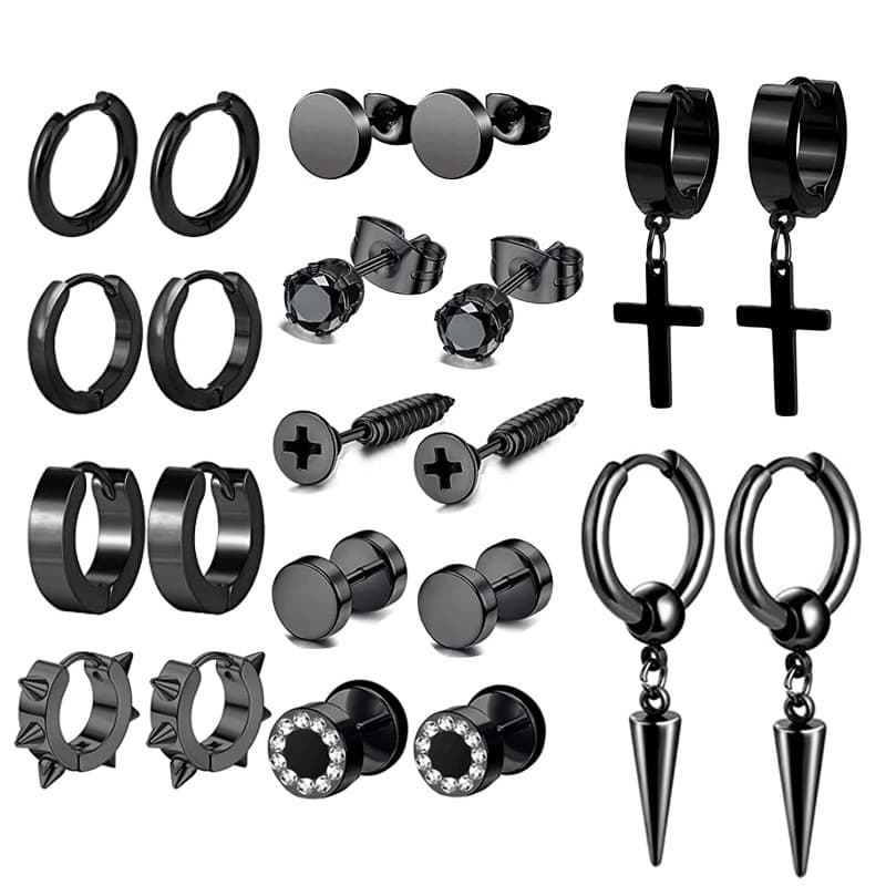 Fashion Cross Earrings Stainless Steel Earrings Earrings Dumbbell Screws Round Barbell Men's Earrings 11 Pairs