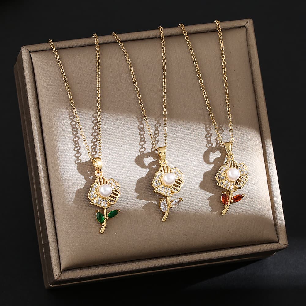 Net-red Lily Necklace, Small and Luxury New Design, Pearl Zircon Pendant, Temperament, Titanium Steel Necklace, Female