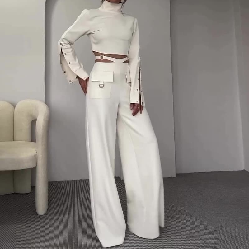 Women's clothing border high collar solid color navel exposed sweet and spicy loose wide leg suit for women