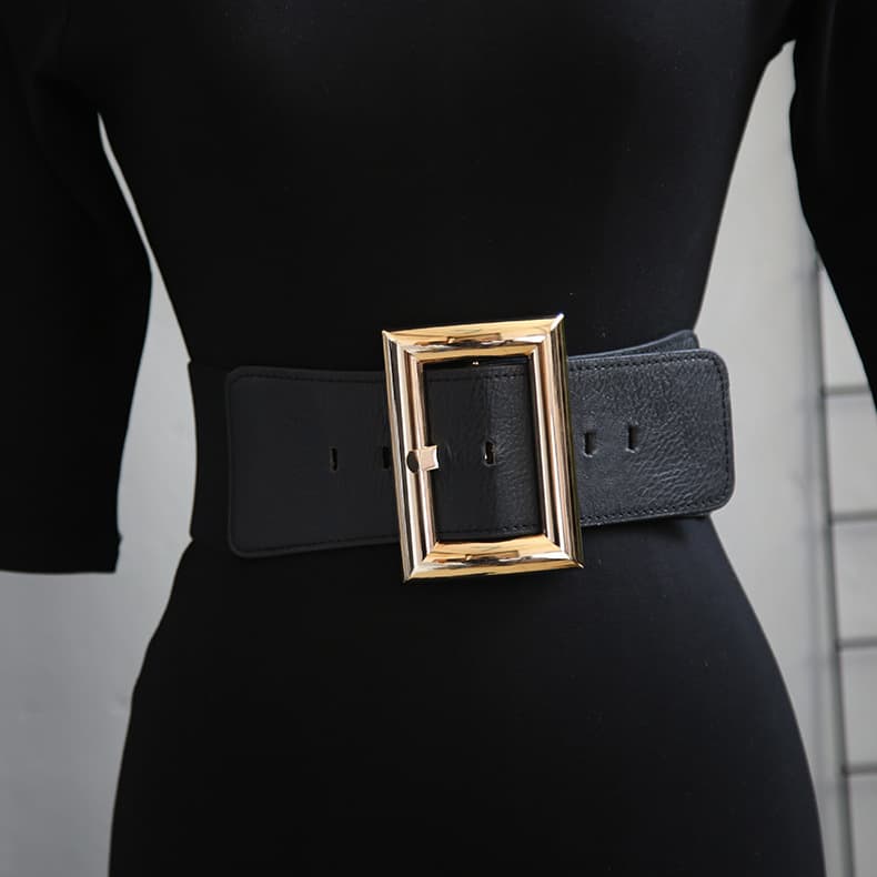 New European and American Style Square Buckle Waistband Women's Decorative Coat with Dress, Belt Waist Closure, Suit with Elastic Waistband, Wide