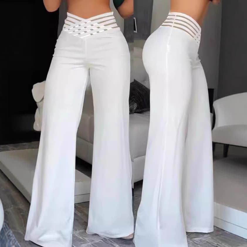 Elegant High-Waisted Wide-Leg Pants With Hollow-Out Belt - Flowy Trousers For Office & Casual Wear - Stretch Polyester Fabric - Multiple Colors