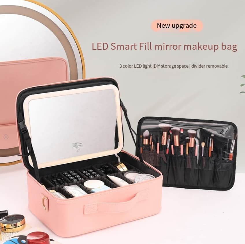 LED light cosmetic bag large size with mirror large capacity black cosmetic storage bag 2024 new powder cosmetic box