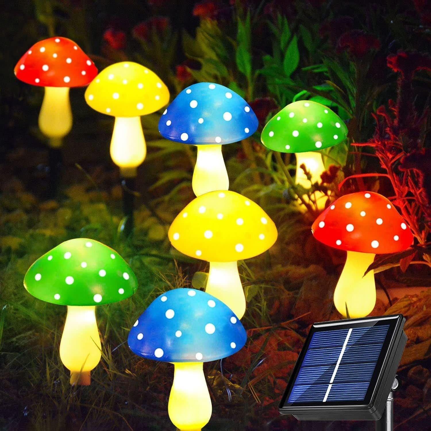 Guirlande lumineuse solaire à LED en forme de champignon pour jardin extérieur, décoration de pelouse étanche avec 8 modes d'éclairage – Guirlande lumineuse à 6 ou 8 LED en forme de champignon