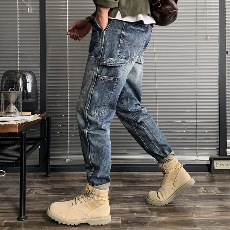 Men's Workwear Jeans Trendy Straight-leg Loose Splicing Casual Long Pants For Small Feet