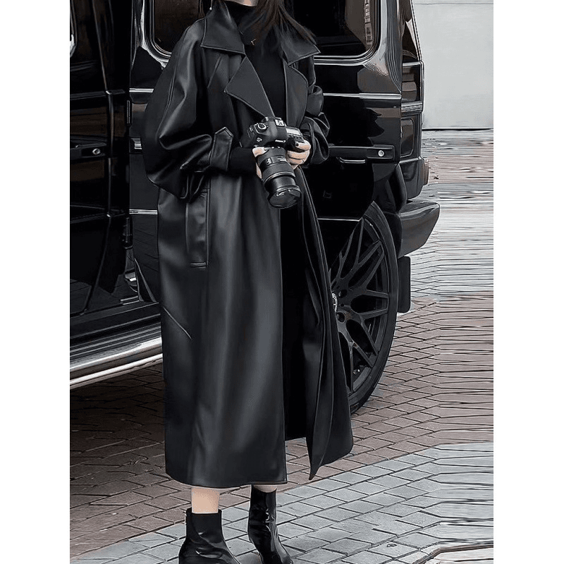 Women's Fashionable temperament long knee-length leather jacket for women new loose soft leather motorcycle jacket high-end