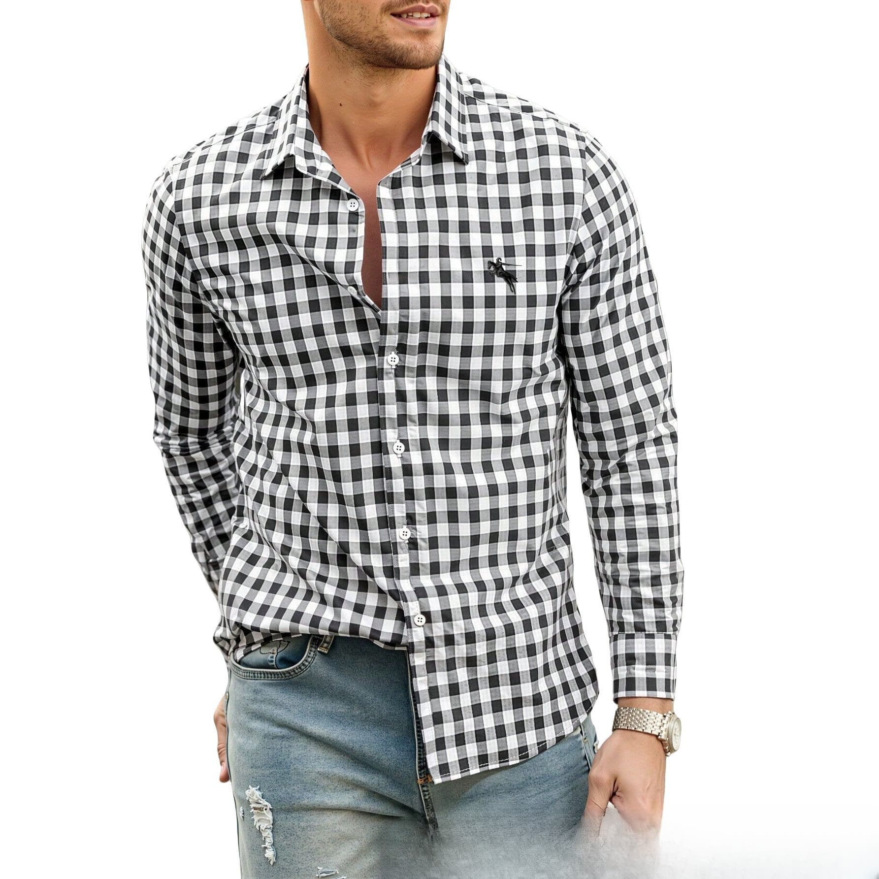 Men's Clothing Long Sleeve Plaid Simple And Breathable Big & Tall Men's Breathable Shirt - Digital Print Long Sleeve Plaid Shirt With Stretch Fabric​