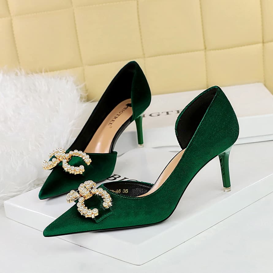 Women's Shoes High Heel Suede Shallow Mouth Pointed Side Hollow Rhinestone Buckle Pearl Bow Single Shoes