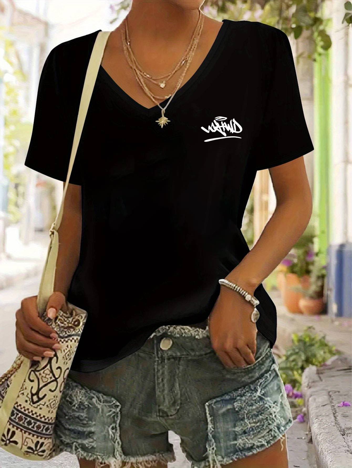Women's Printed Short-Sleeve Tee - Breathable Round Neck Top For Spring & Summer Style-E