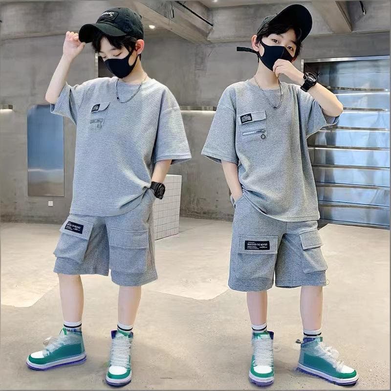 Mother & Kids Boys' Summer Outfit Set Medium And Large Children's Trendy Sports Short Sleeve Style Versatile And Stylish Clothing For Toddlers (3-7Y)