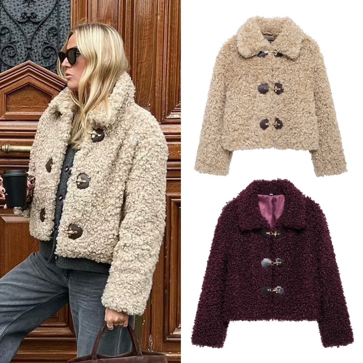 Women's Fleece Stand Collar Knot Button Long Sleeve Jacket - Winter Fashion Outerwear For Street Style (Khaki, Wine Red)