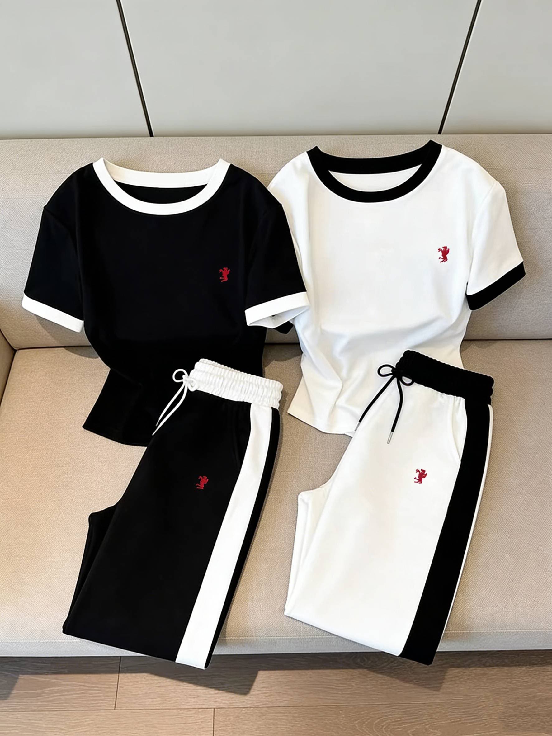Women's Casual Sporty Two-Piece Set Short Sleeve Top Comfortable Pants Black White-1