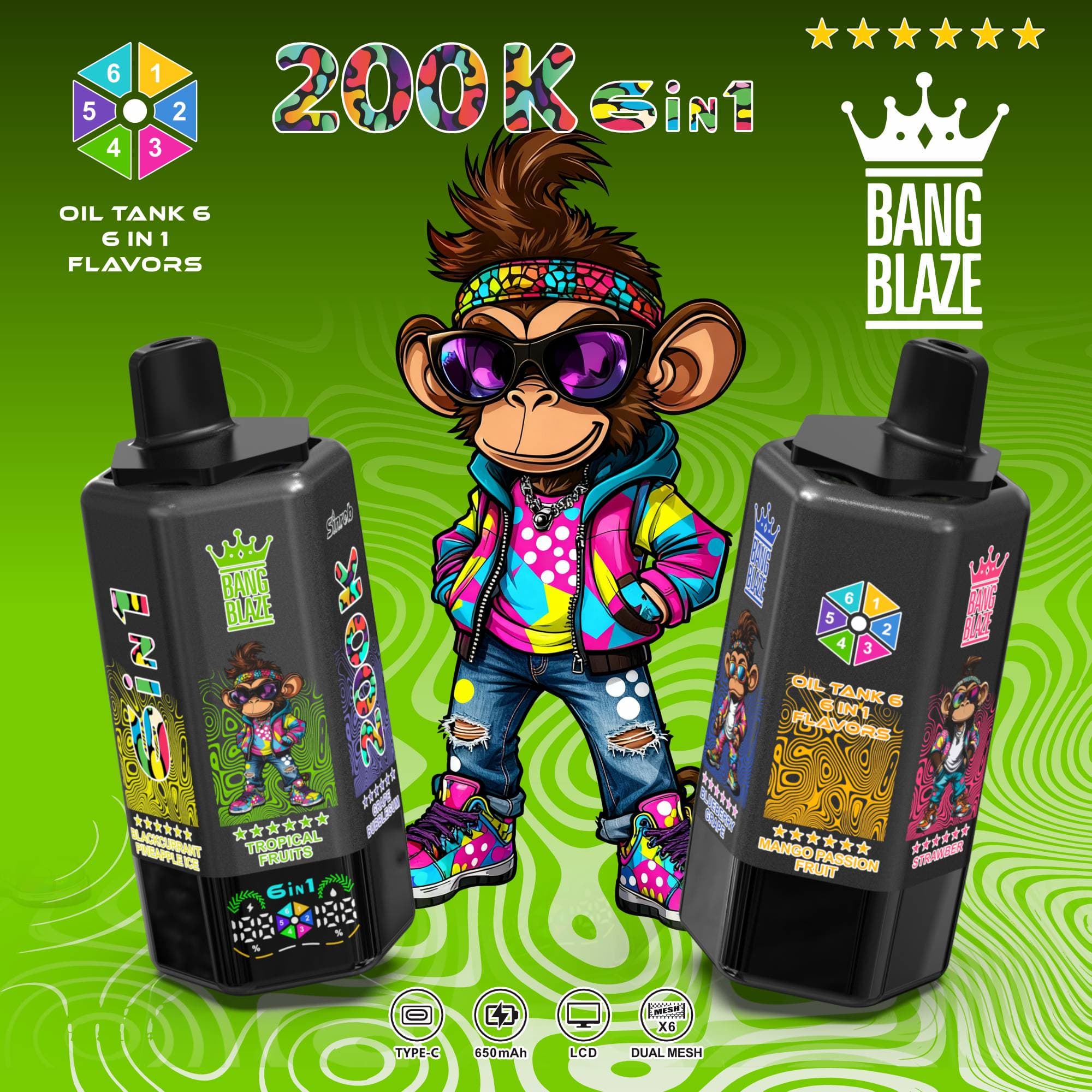 1 pièce Bang 6 saveurs 200K bouffées (200 000 bouffées) Cigarette électronique rechargeable avec 6 réservoirs d'huile et écran LCD Cigarette