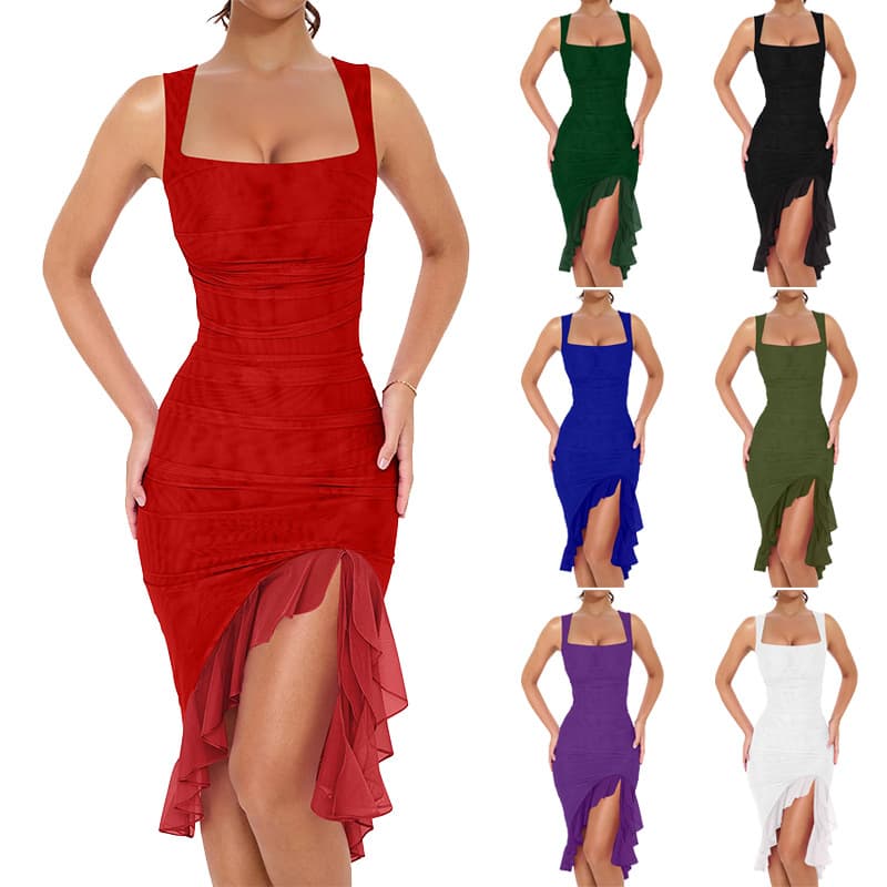 Women's Clothing New Suspender Dress Female Fashion Sexy Tight Pleated Mid Length Evening Dress