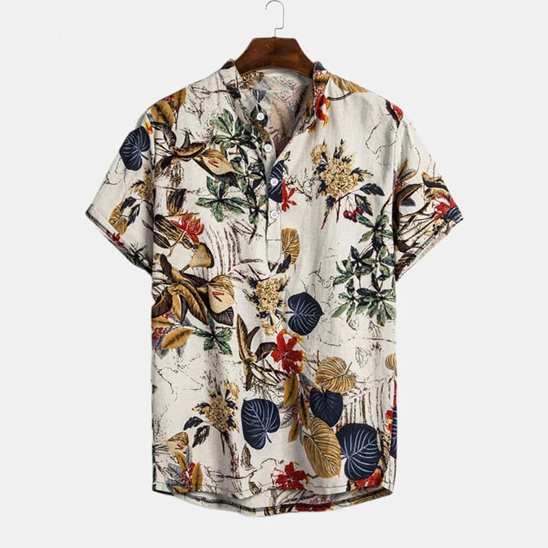 Men's new national style men's casual stand collar plant flower short-sleeved shirt cotton linen shirt