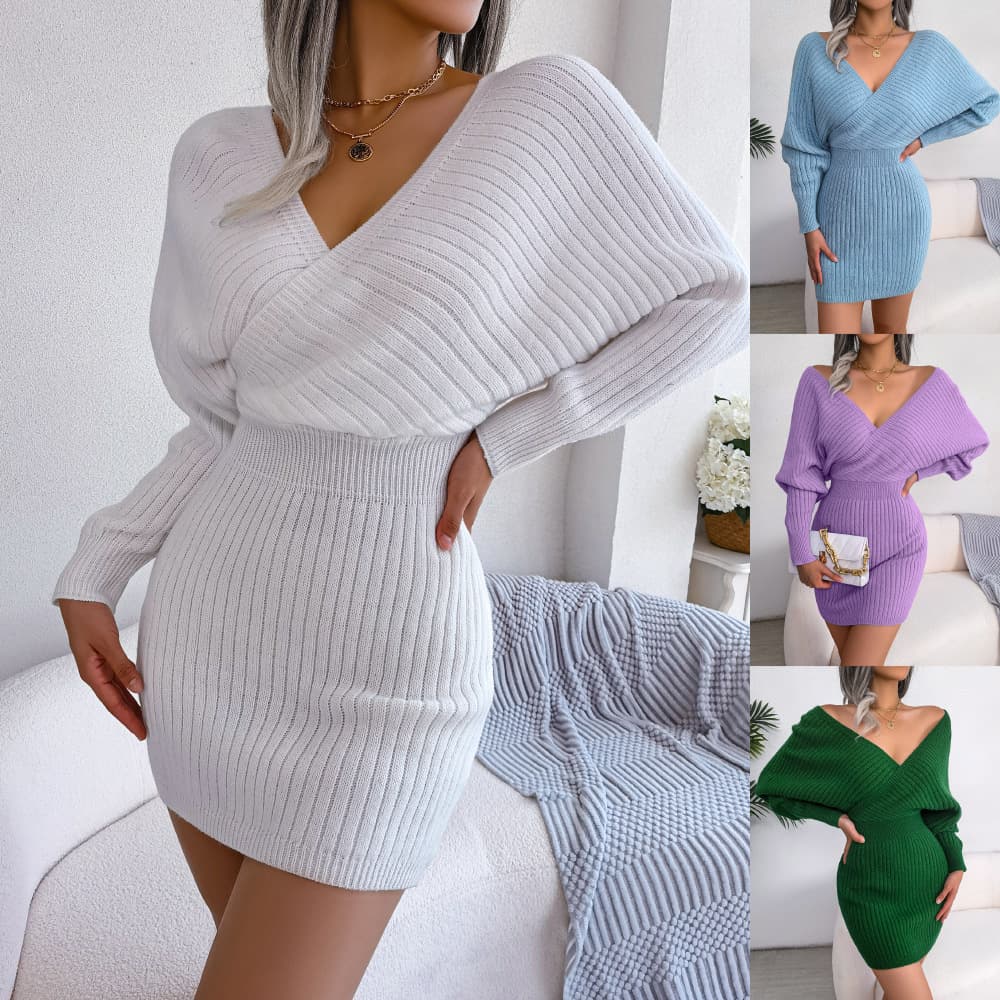 Women's clothing autumn and winter sexy cross V-neck bat skirt bag hip dress sweater dress independent station women's clothing
