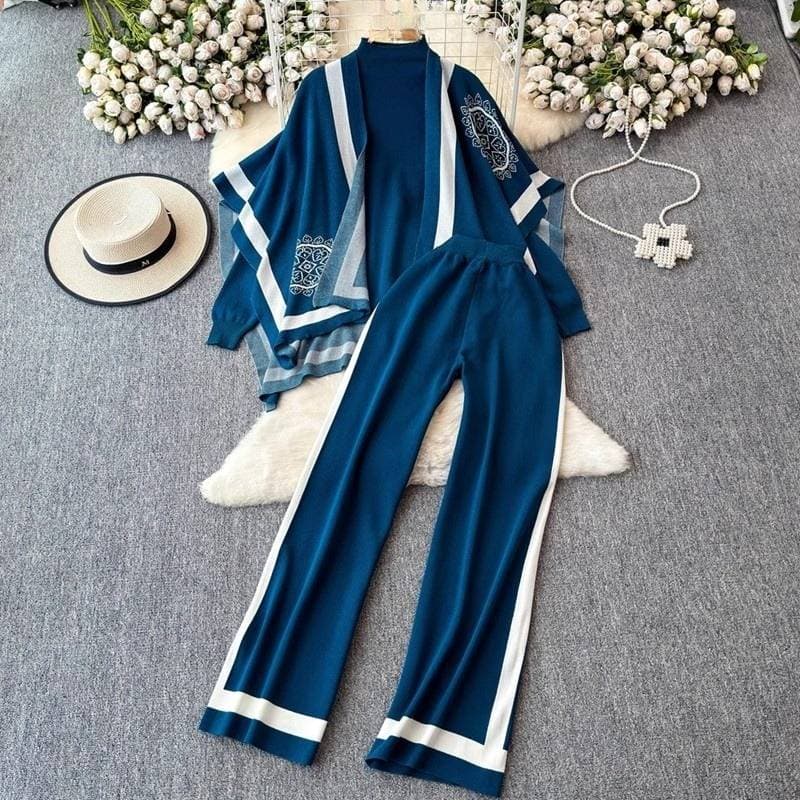 Women's Clothing Winter fashion suit design color matching long sleeved knitted cardigan sweater versatile high waist wide leg pants three piece suit