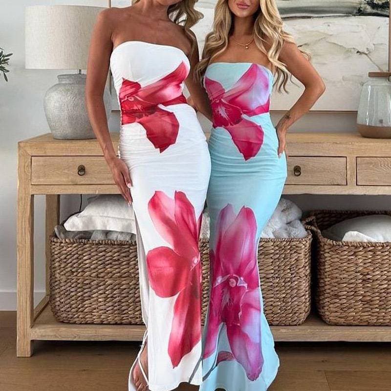 Women's Clothing Fashion Print Dress Lace Up Hip Sleeveless Backless Deep V Halter Neck Long Dress