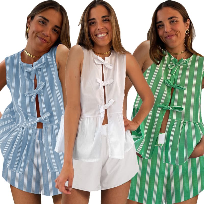 Women's Clothing New Ins Style Women's Fashion Shorts Suit Beach Vest Tie Striped Sleeveless Shorts Suit